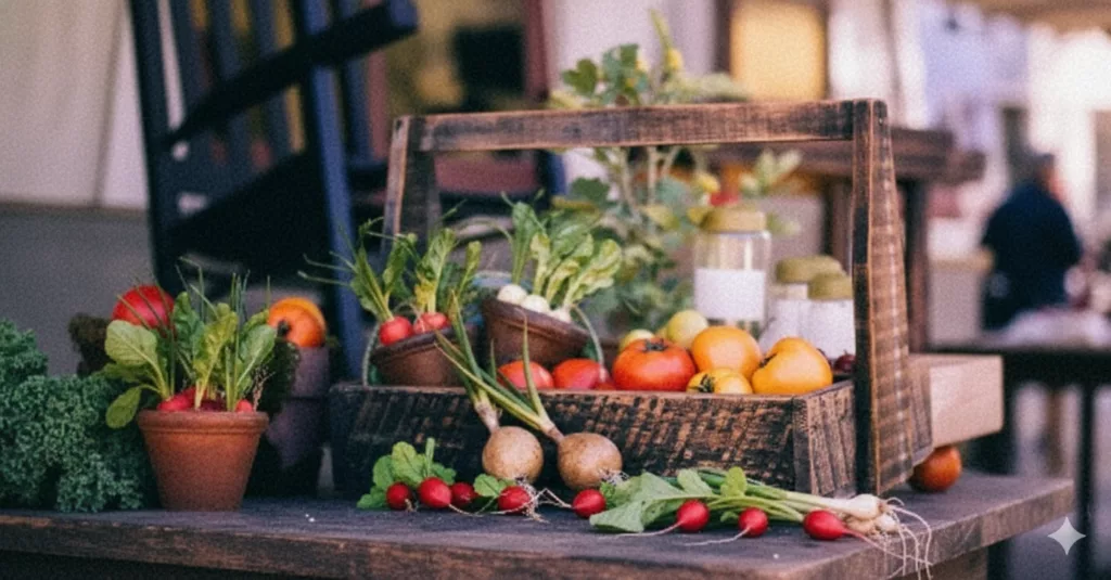 Variété de légumes frais posés, illustrant des produits frais et une alimentation saine.