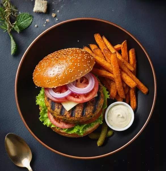 Burger végétal gourmand de La Cour, garni de légumes frais, galette savoureuse et sauce onctueuse maison.