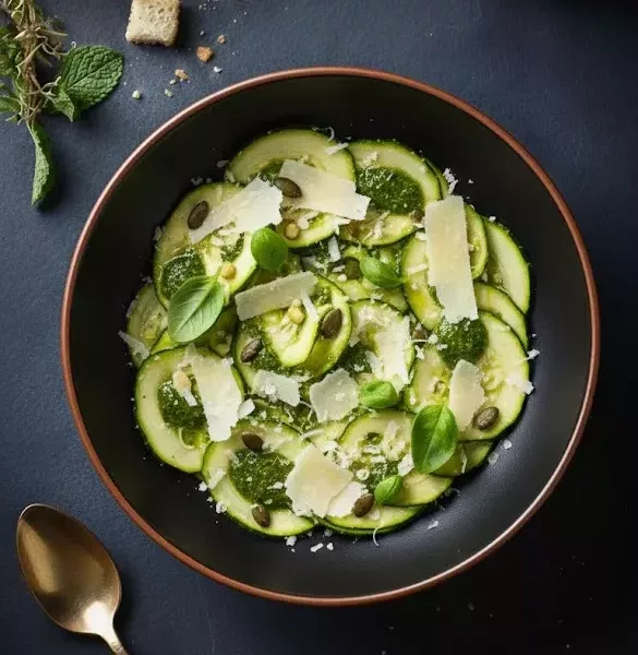 Carpaccio de courgettes fraîches, délicatement tranchées, surmonté de généreux copeaux de parmesan