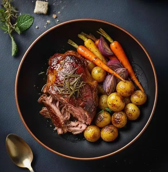 Épaule d’agneau confite lentement, parfumée au romarin, tendre et fondante en bouche.