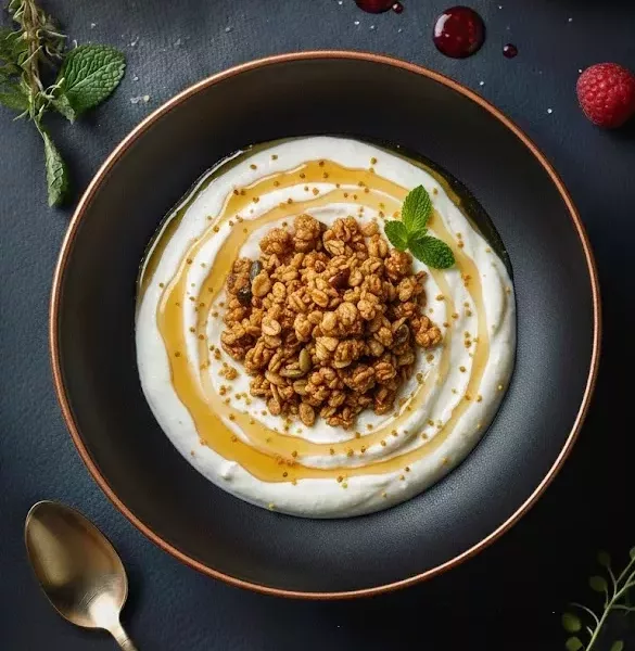 Fromage blanc fermier onctueux avec miel du 11e et granola maison croustillant dans une assiette élégante