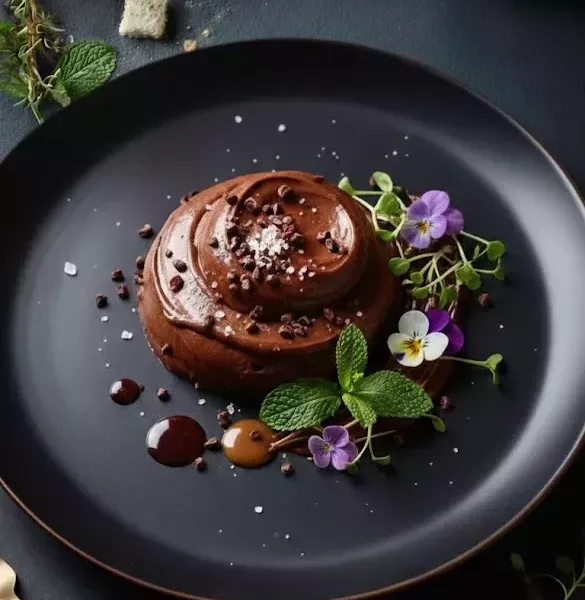 Mousse au chocolat noir grand cru servie dans une verrine, texture onctueuse et brillante