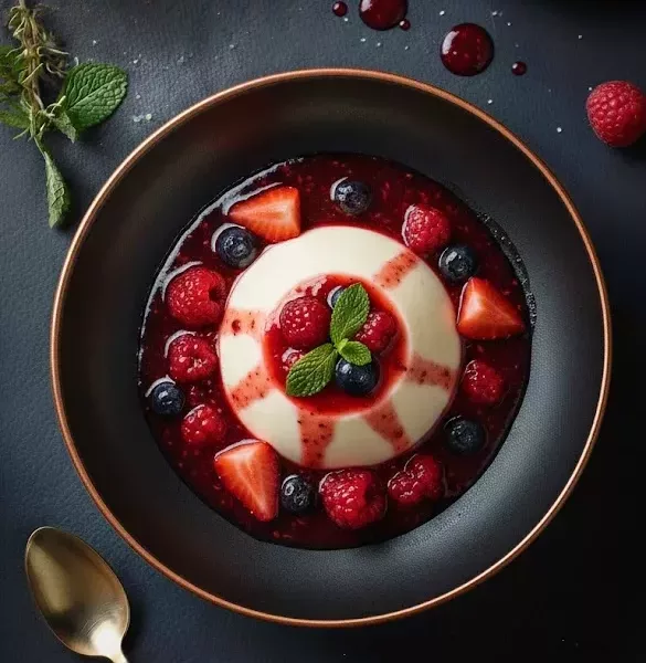 Panna cotta au lait d’amande servie avec coulis de fruits rouges, texture crémeuse et fondante