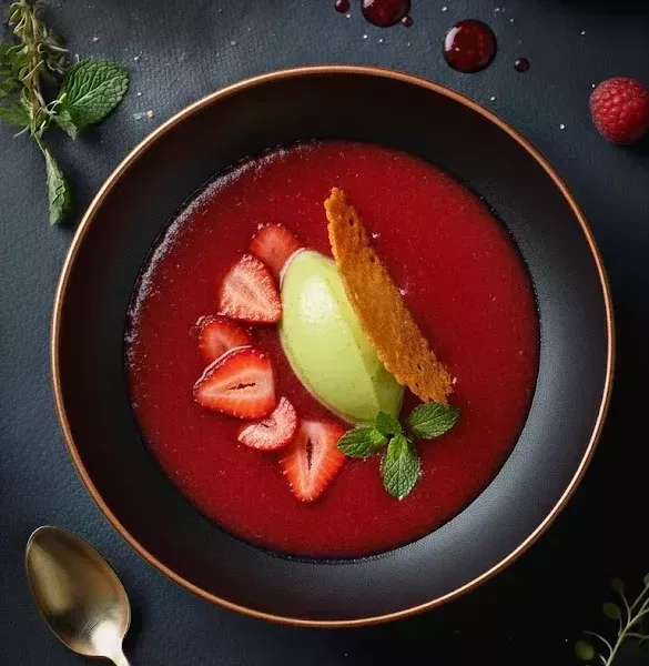 Soupe froide de fraises Gariguettes servie dans une verrine, décorée de feuilles de verveine fraîches