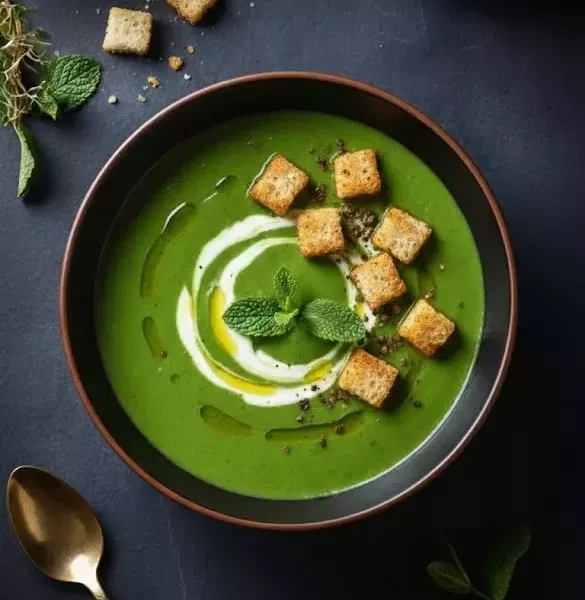 Velouté onctueux de petits pois, couleur verte vive, garni de feuilles de menthe fraîche, servi en bol.