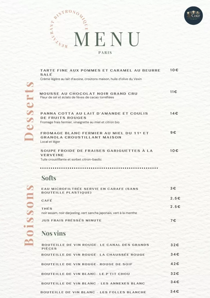 Menu des desserts et boisons alcoolisées ou non