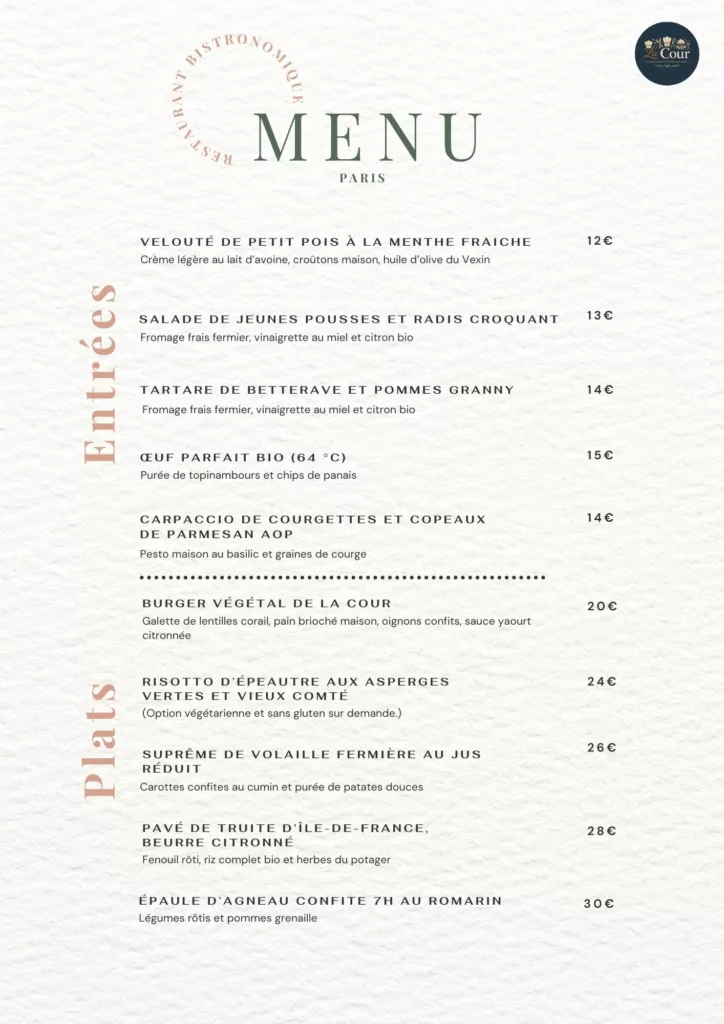Menu des entrées et des plats